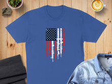 Load image into Gallery viewer, Blue t-shirt with distressed American flag and rifles graphic.
