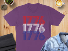 Load image into Gallery viewer, Purple t-shirt with "1776" in red, white, and blue stripes.
