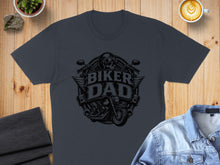 Load image into Gallery viewer, Dark grey t-shirt with "Biker Dad" skull and motorcycle graphic.
