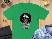 Load image into Gallery viewer, Green t-shirt with illustration of a nurse with butterflies and "Blessed nurse" text.
