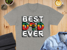 Load image into Gallery viewer, Gray t-shirt with "BEST DAD EVER" text in Pan-African flag colors.
