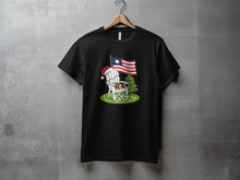 Load image into Gallery viewer, Santa Hat and American Flag Black T-shirt Christmas Design
