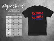 Load image into Gallery viewer, Next Level 3600 unisex cotton t-shirt size chart with width and length measurements.
