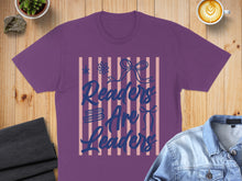Load image into Gallery viewer, Purple t-shirt with "Readers Are Leaders" text and striped design.
