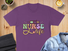 Load image into Gallery viewer, Purple t-shirt with "Nurse Life" text and syringe graphic.
