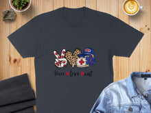 Load image into Gallery viewer, Dark gray t-shirt with peace sign, heart, and EMT emblem, "Peace love emt" text.
