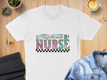 Load image into Gallery viewer, Registered Nurse text with medical icons on a white t-shirt.
