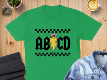 Load image into Gallery viewer, Green t-shirt with "AB CD" and lightning bolt graphic.
