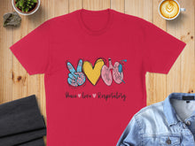 Load image into Gallery viewer, Red t-shirt with peace sign, heart, and lungs graphic, text "Peace love Respiratory".
