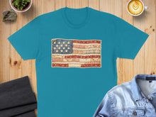 Load image into Gallery viewer, Teal t-shirt with a distressed American flag design made of fabric scraps.
