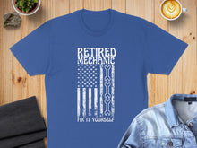 Load image into Gallery viewer, Blue t-shirt with "Retired Mechanic" American flag and wrench graphic.
