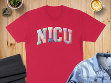 Load image into Gallery viewer, Red t-shirt with "NICU" in colorful patchwork lettering.
