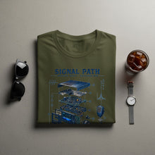 Load image into Gallery viewer, Green t-shirt with "Signal Path Amateur Radio Exploded View" graphic.

