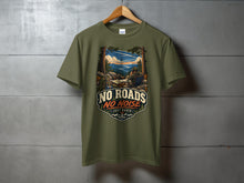 Load image into Gallery viewer, Olive t-shirt with "No Roads No Noise - Just Radio" graphic and mountain scene.
