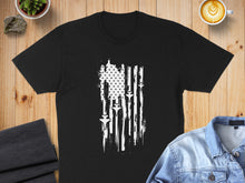 Load image into Gallery viewer, Black t-shirt with distressed American flag design featuring fighter jets.
