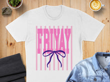 Load image into Gallery viewer, White t-shirt with "FRIDAY" text and purple bow on striped background.

