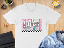 Load image into Gallery viewer, Nurse t-shirt with stethoscope and medical words like patient, heal, and calm.
