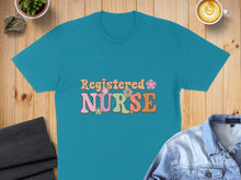 Load image into Gallery viewer, Teal t-shirt with "Registered Nurse" in colorful retro lettering.
