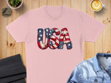 Load image into Gallery viewer, Pink t-shirt featuring "USA" in American flag patchwork.
