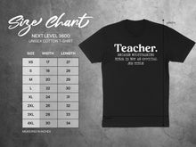 Load image into Gallery viewer, Unisex cotton t-shirt size chart showing width and length in inches.
