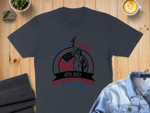 Load image into Gallery viewer, Navy t-shirt with "4th JULY INDEPENDENCE" and Statue of Liberty graphic.
