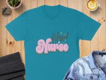 Load image into Gallery viewer, Teal t-shirt with "Blessed Nurse" in pink and orange retro font.
