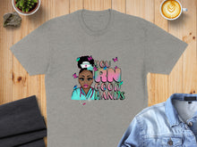 Load image into Gallery viewer, Gray t-shirt with RN Good Hands graphic featuring a nurse and butterflies.
