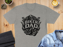 Load image into Gallery viewer, Gray t-shirt with "Biker Dad" graphic featuring a motorcycle and skull.
