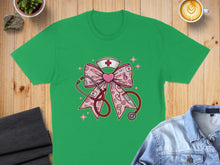 Load image into Gallery viewer, Green t-shirt with pink bow graphic featuring stethoscope, nurse hat, and XOXO hearts.
