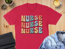 Load image into Gallery viewer, Red t-shirt with "NURSE" in colorful retro lettering.
