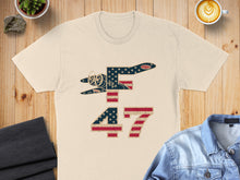 Load image into Gallery viewer, Cream t-shirt with an airplane and "47" in distressed American flag design.
