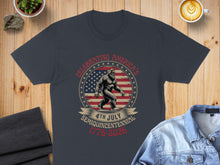 Load image into Gallery viewer, Patriotic t-shirt with a Bigfoot silhouette celebrating America's Semiquincentennial 1776-2026.
