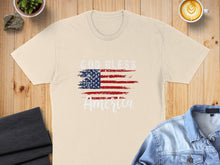 Load image into Gallery viewer, Cream t-shirt with distressed American flag and "America" text.
