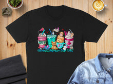 Load image into Gallery viewer, Black t-shirt with cartoon NICU coffee cups featuring baby items and text.
