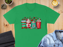 Load image into Gallery viewer, Green t-shirt featuring four coffee drinks with nurse-themed decorations.
