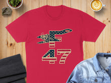 Load image into Gallery viewer, Red t-shirt with distressed American flag airplane and "47" graphic.
