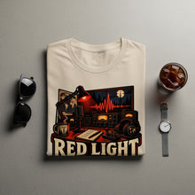 Load image into Gallery viewer, T-shirt graphic with vintage radio equipment, microphone, headphones, and text "RED LIGHT".
