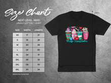 Load image into Gallery viewer, Unisex cotton t-shirt size chart for Next Level 3600, with sizes XS-4XL.

