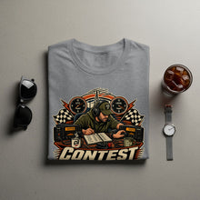 Load image into Gallery viewer, Grey t-shirt with "CONTEST" graphic featuring ham radio operator, radios, and clocks.
