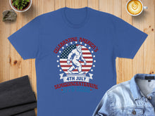 Load image into Gallery viewer, Blue t-shirt with Bigfoot and US flag celebrating America's Semicentennial 1776-2026.
