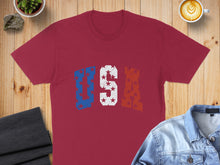Load image into Gallery viewer, Red t-shirt with distressed USA flag design and stars.
