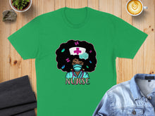 Load image into Gallery viewer, Green t-shirt with a Black nurse cartoon wearing a mask and stethoscope.
