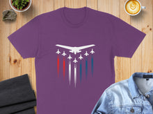 Load image into Gallery viewer, Purple t-shirt with white fighter jets and red and blue vapor trails.
