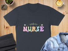 Load image into Gallery viewer, Dark t-shirt with "Future Nurse" text in pastel colors and floral accents.
