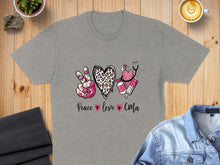 Load image into Gallery viewer, Grey t-shirt with "Peace Love Cma" text and medical graphics.
