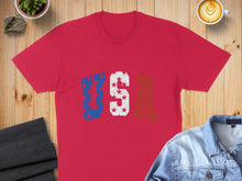 Load image into Gallery viewer, Red t-shirt with "USA" in distressed flag print.
