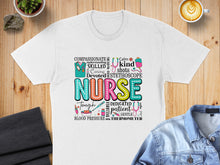 Load image into Gallery viewer, T-shirt with colorful "NURSE" text and medical-themed words.
