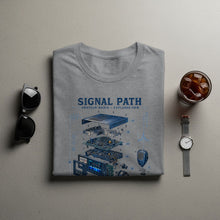 Load image into Gallery viewer, Grey t-shirt with blue "Signal Path Amateur Radio Exploded View" graphic.
