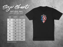 Load image into Gallery viewer, Next Level 3600 unisex cotton t-shirt size chart with measurements.
