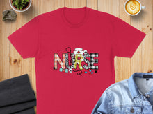 Load image into Gallery viewer, Red t-shirt with "Nurse" text and medical icons.
